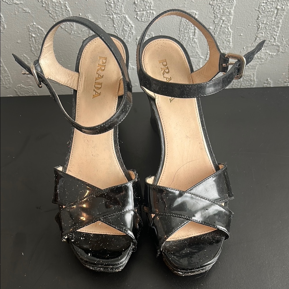Prada Black Sandals with Ankle Strap and Chunky Heel - Picture 1 of 6